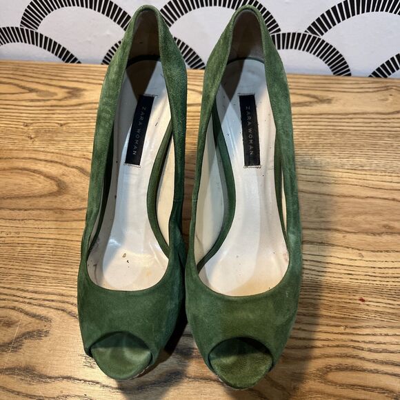 Zara Woman Peep Toe Green Suede Wood Heel Shoes‎ - Size EU 39, US 8 - Picture 2 of 7